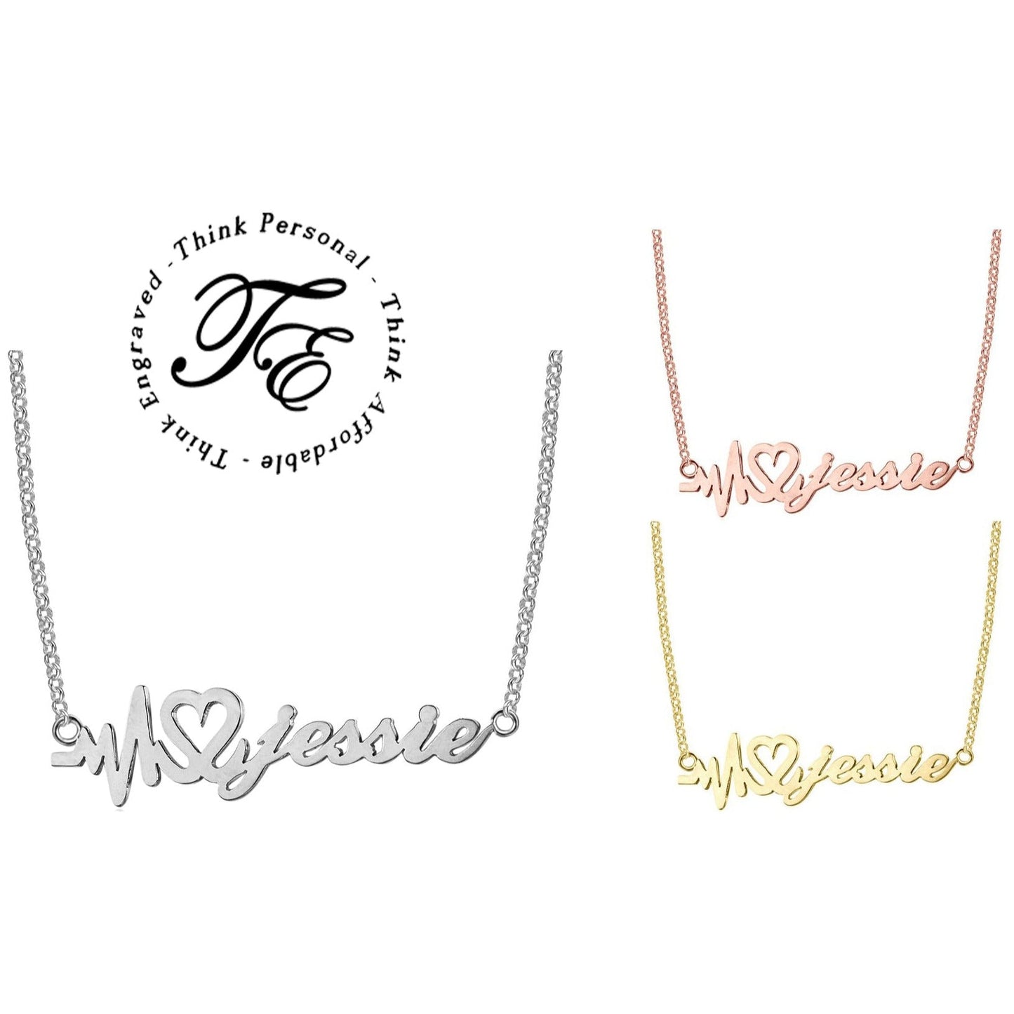 ThinkEngraved cutout Personalized Heartbeat Name Necklace - Silver Gold or Rose Gold