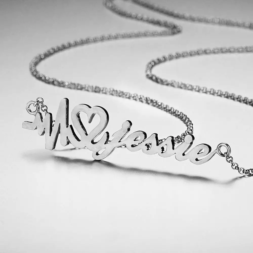 ThinkEngraved cutout Personalized Heartbeat Name Necklace - Silver Gold or Rose Gold
