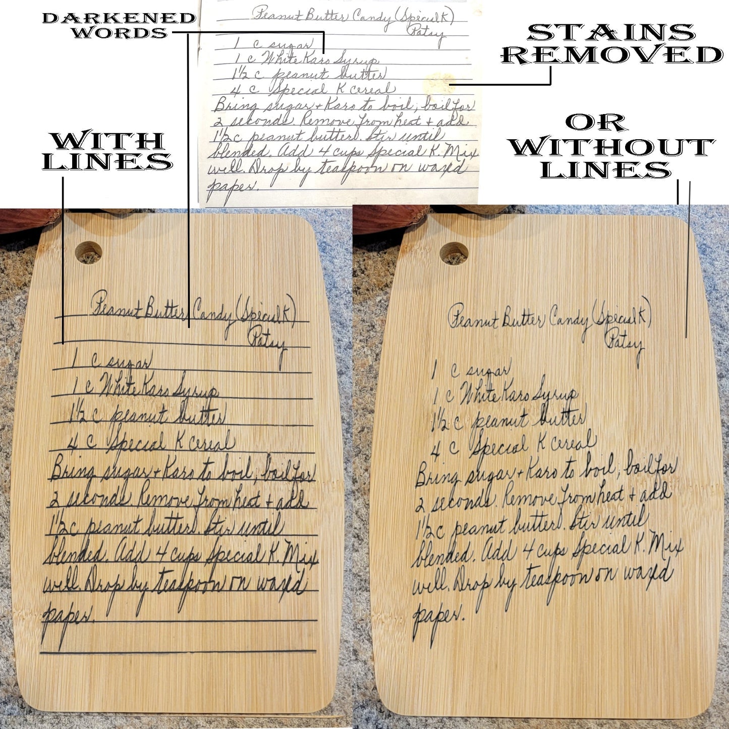 ThinkEngraved Cutting Board Engraved Handwriting Recipe Cutting Board with Wall Hanging Notch Semi-Oval