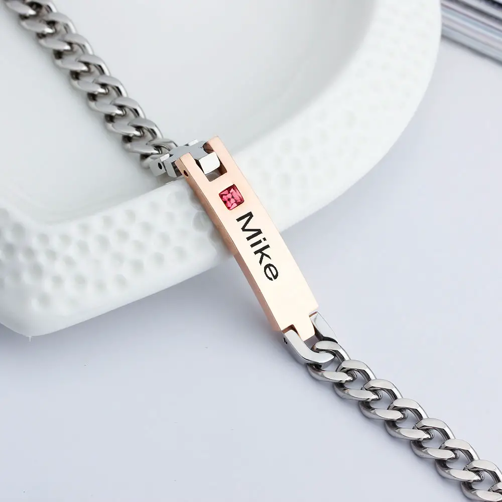 ThinkEngraved engraved bracelet Men's or Women's Custom Engraved Name Bracelet 1 Birthstone Engraved Bracelet