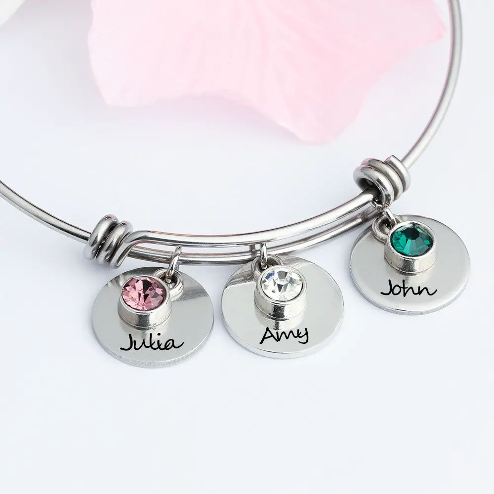 ThinkEngraved engraved bracelet Personalized 3 Birthstone Custom Engraved Names or Initials Charm Bracelet