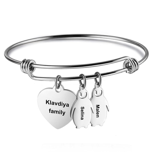 ThinkEngraved engraved bracelet Personalized Heart and Penguin Kids Charm Bracelet 2 Engraved Names