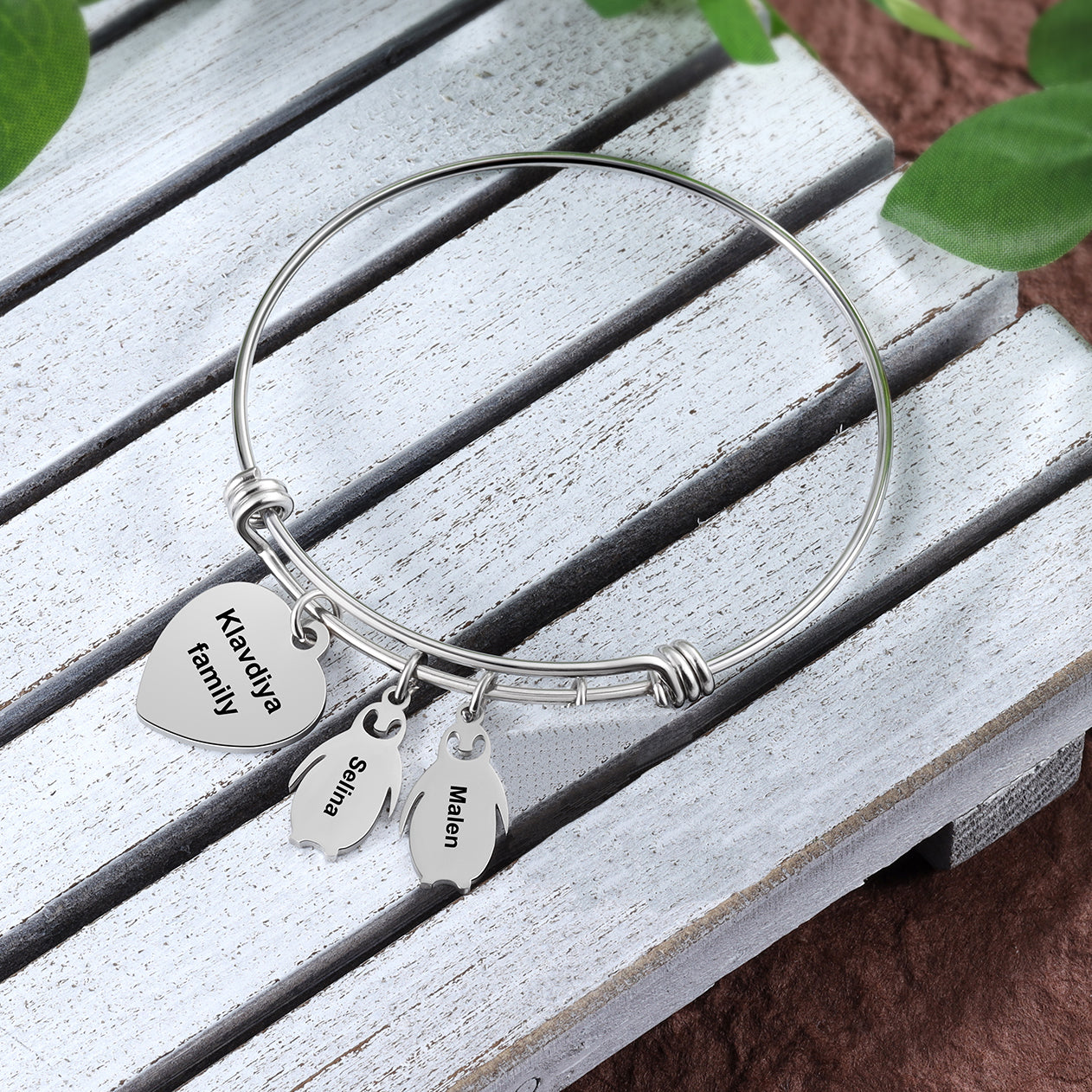 ThinkEngraved engraved bracelet Personalized Heart and Penguin Kids Charm Bracelet 2 Engraved Names