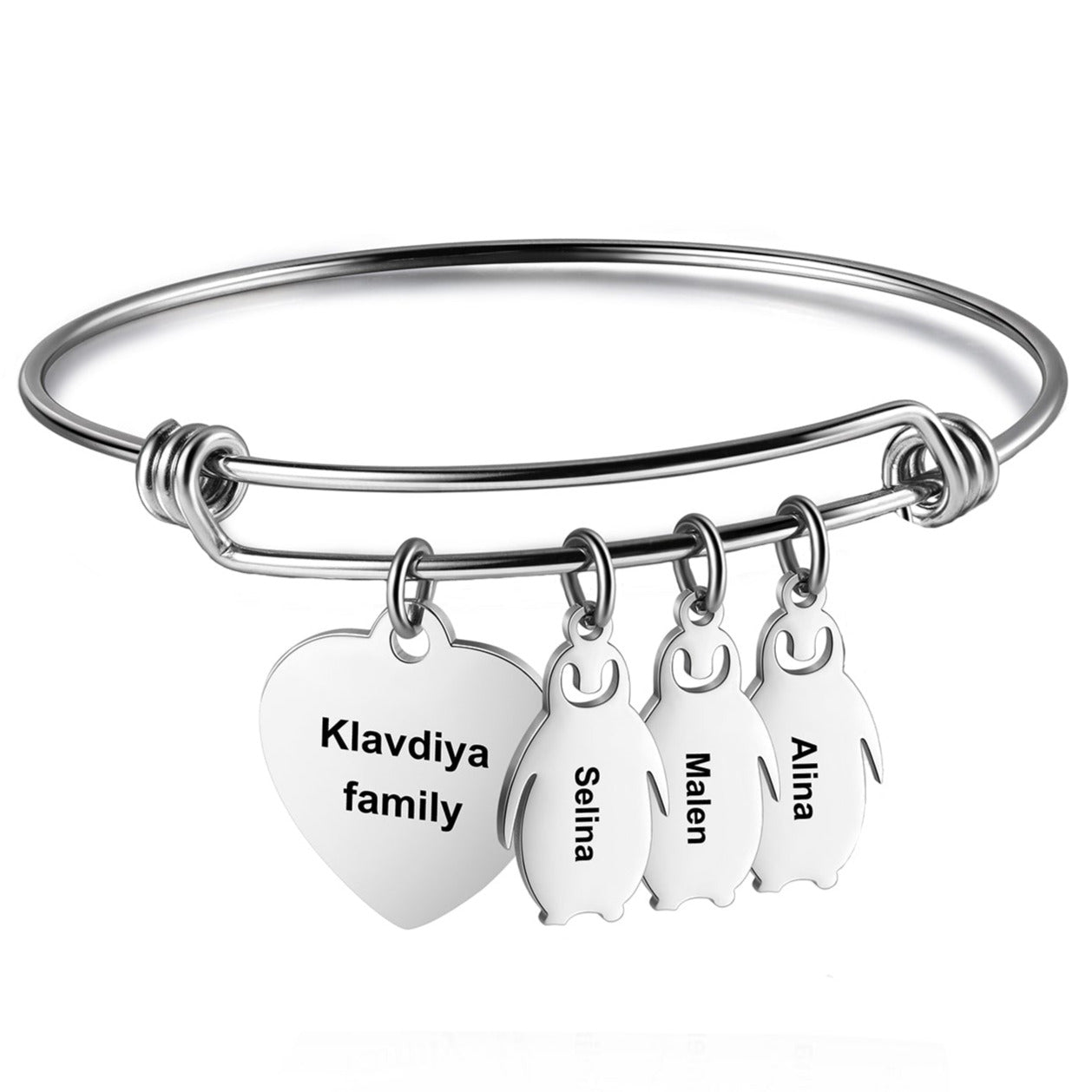 ThinkEngraved engraved bracelet Personalized Heart and Penguin Kids Charm Bracelet 3 Engraved Names
