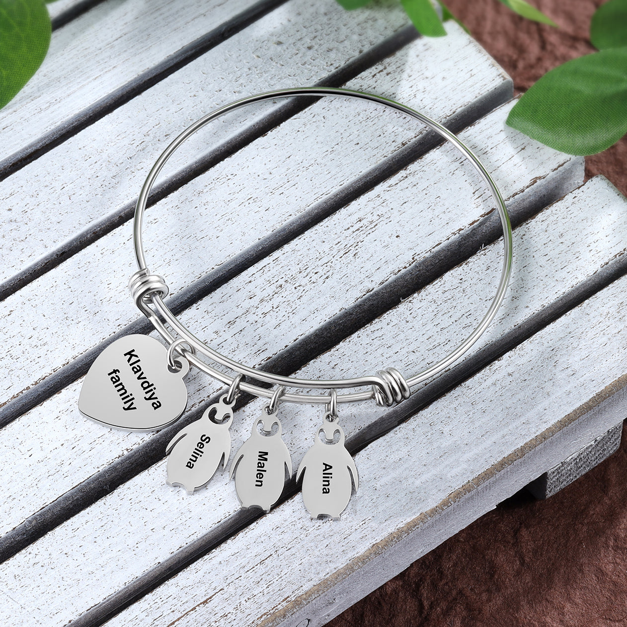 ThinkEngraved engraved bracelet Personalized Heart and Penguin Kids Charm Bracelet 3 Engraved Names