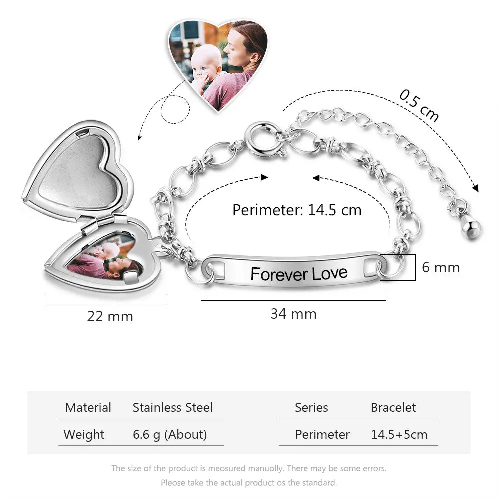 ThinkEngraved engraved bracelet Personalized Women's Heart Locket Photo Bracelet Engraved - Mom Bracelet or Couples Bracelet