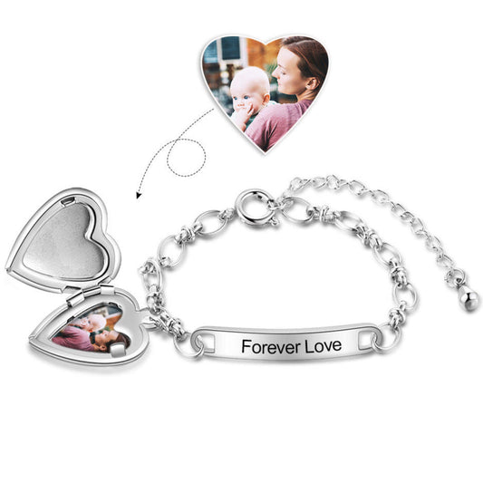 ThinkEngraved engraved bracelet Personalized Women's Heart Locket Photo Bracelet Engraved - Mom Bracelet or Couples Bracelet