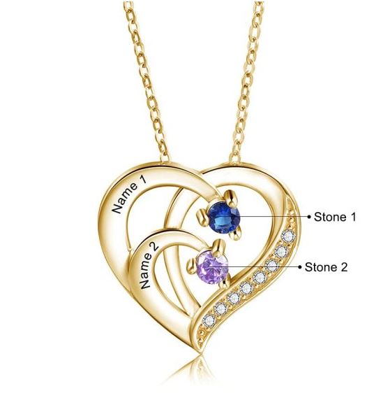 ThinkEngraved engraved necklace 14K Gold Over Sterling Silver 2 Birthstone Heart Name Necklace - Birthstone Heart Mother's Necklace