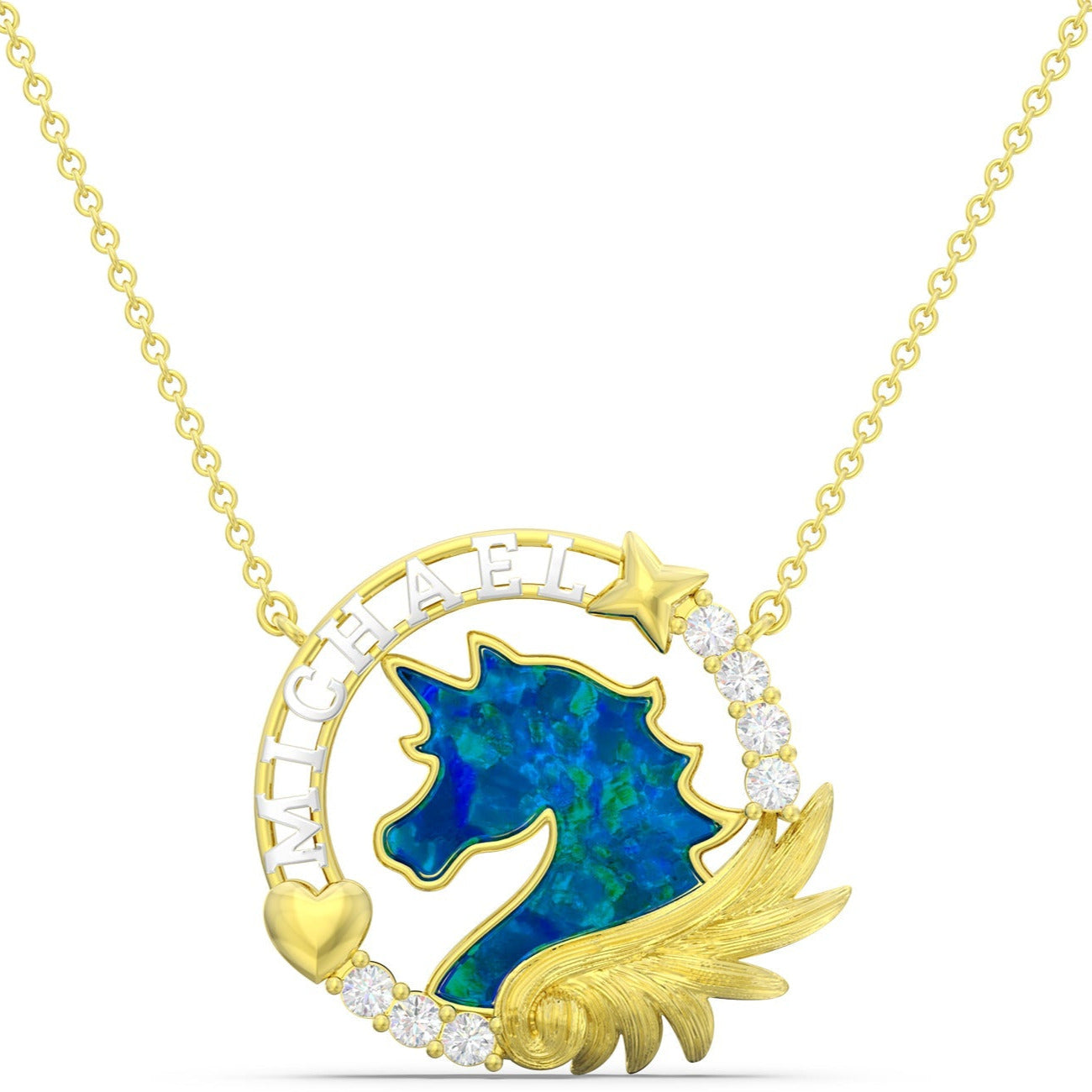 ThinkEngraved engraved necklace 14k gold over sterling silver Personalized Blue opal Unicorn Gold Necklace With 3d Name Cut Out
