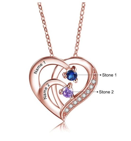 ThinkEngraved engraved necklace 14K Rose Gold Over Sterling Silver 2 Birthstone Heart Name Necklace - Birthstone Heart Mother's Necklace