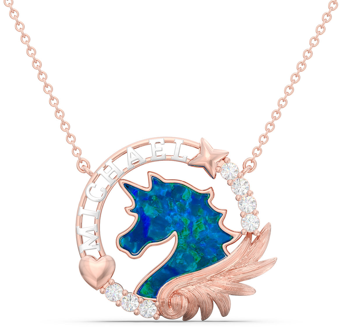 ThinkEngraved engraved necklace 14k rose gold over sterling silver Personalized Blue opal Unicorn Gold Necklace With 3d Name Cut Out