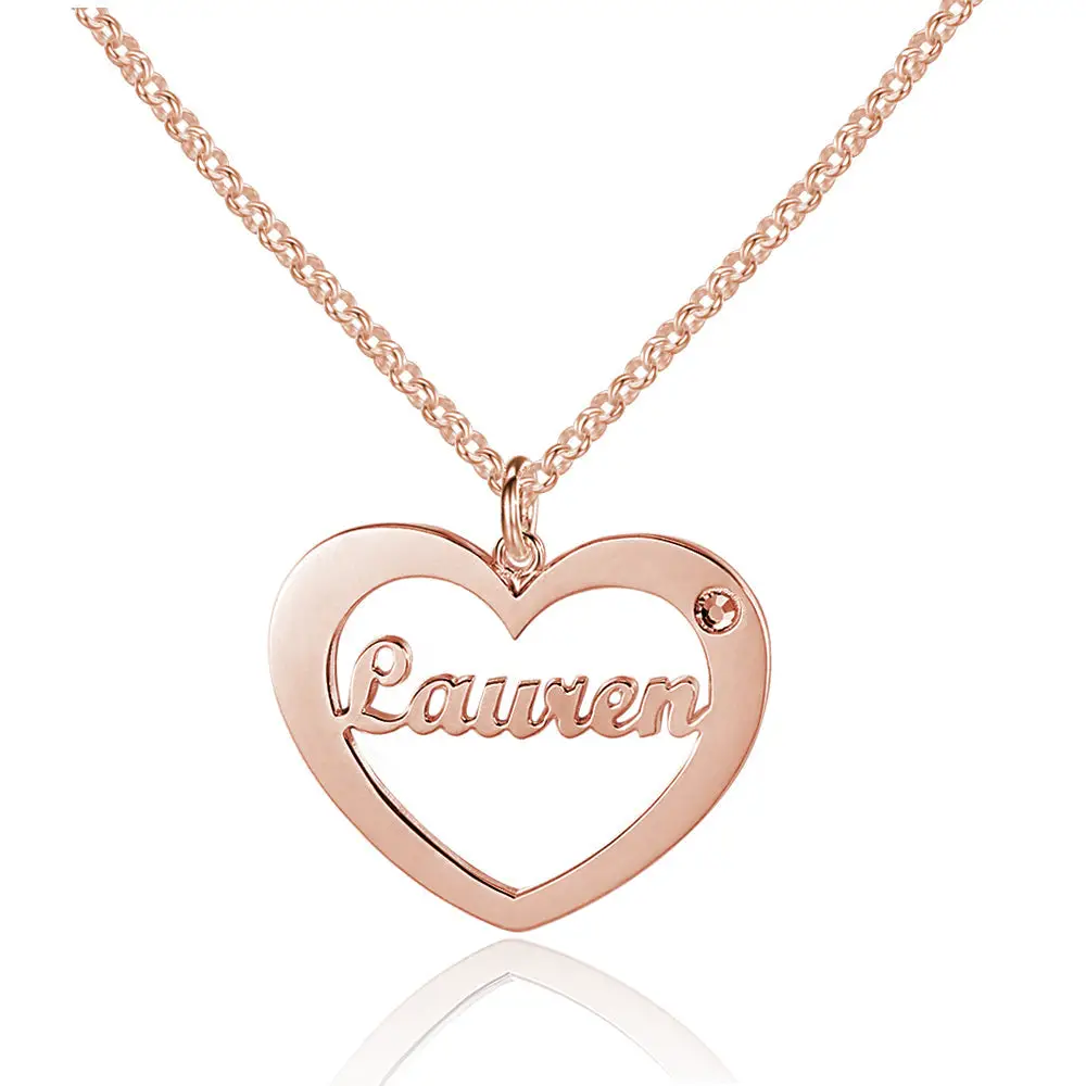 ThinkEngraved engraved necklace 14k Rose Gold Over Sterling Silver Personalized Cut Out Name Necklace  1 Birthstone Heart Pendant