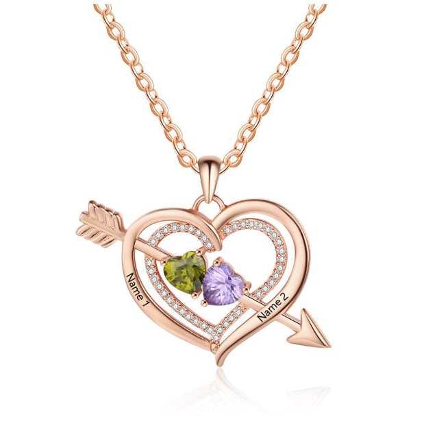 ThinkEngraved engraved necklace 14K Rose Gold Over Sterling Silver Personalized Mother's Necklace 2 Birthstones Cupid's Heart 2 Engraved Names