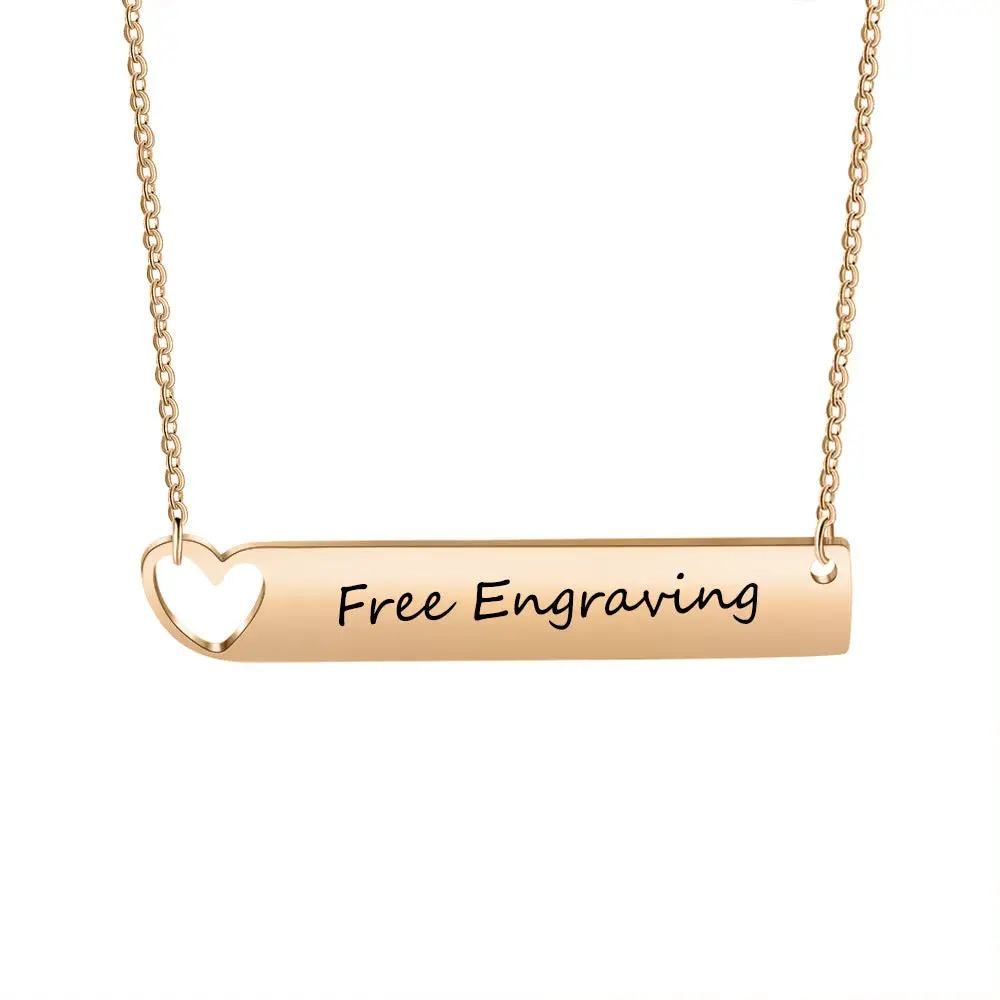 ThinkEngraved engraved necklace 14k Rose Gold Over Surgical Steel Personalized Engraved Bar Name Necklace - Heart Cut Out