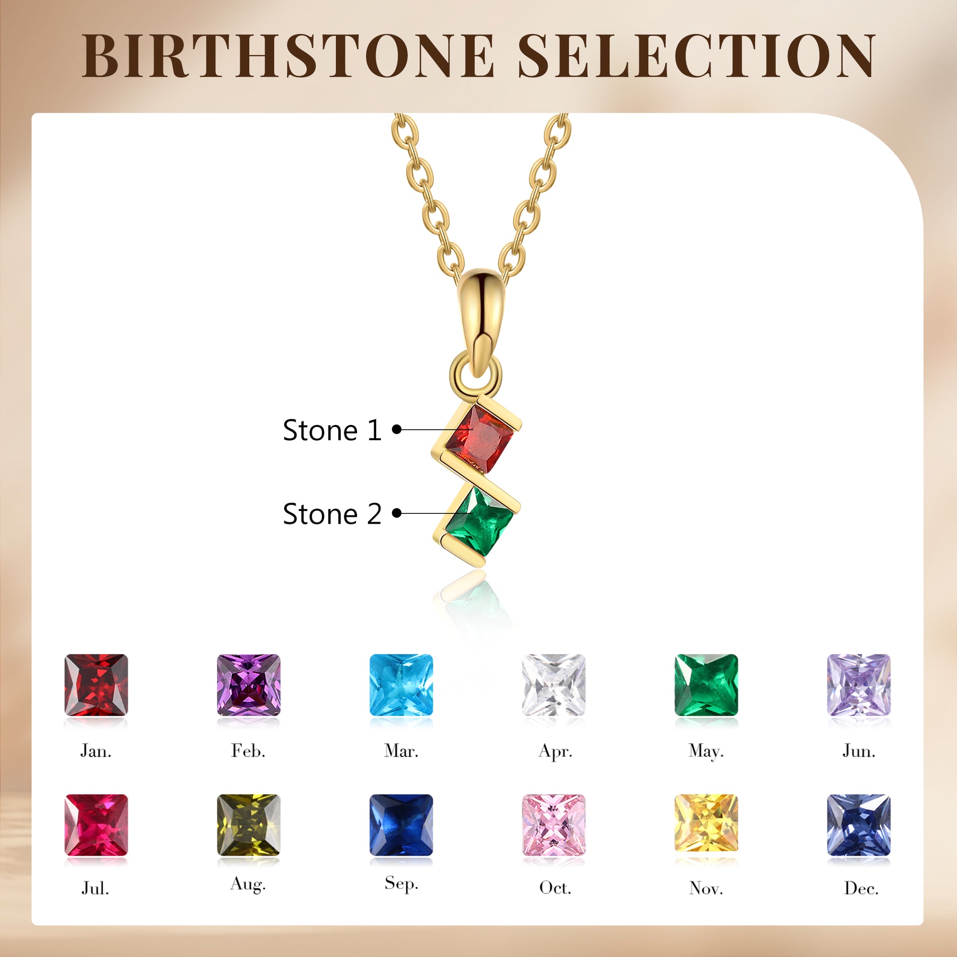 ThinkEngraved engraved necklace 2 Birthstone Elegant Square Stone Mother's Necklace