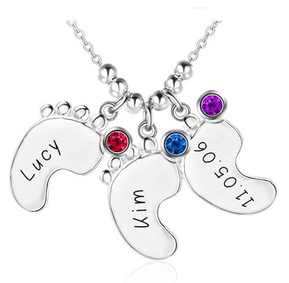 ThinkEngraved engraved necklace 3 names 3 birthstones Personalized Baby Feet Mother's Necklace 1, 2, 3 or 4 Birthstones