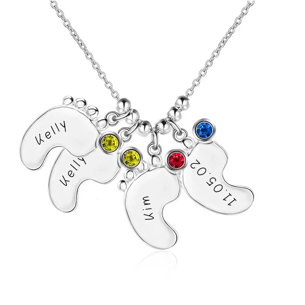 ThinkEngraved engraved necklace 4 names 4 birthstones Personalized Baby Feet Mother's Necklace 1, 2, 3 or 4 Birthstones