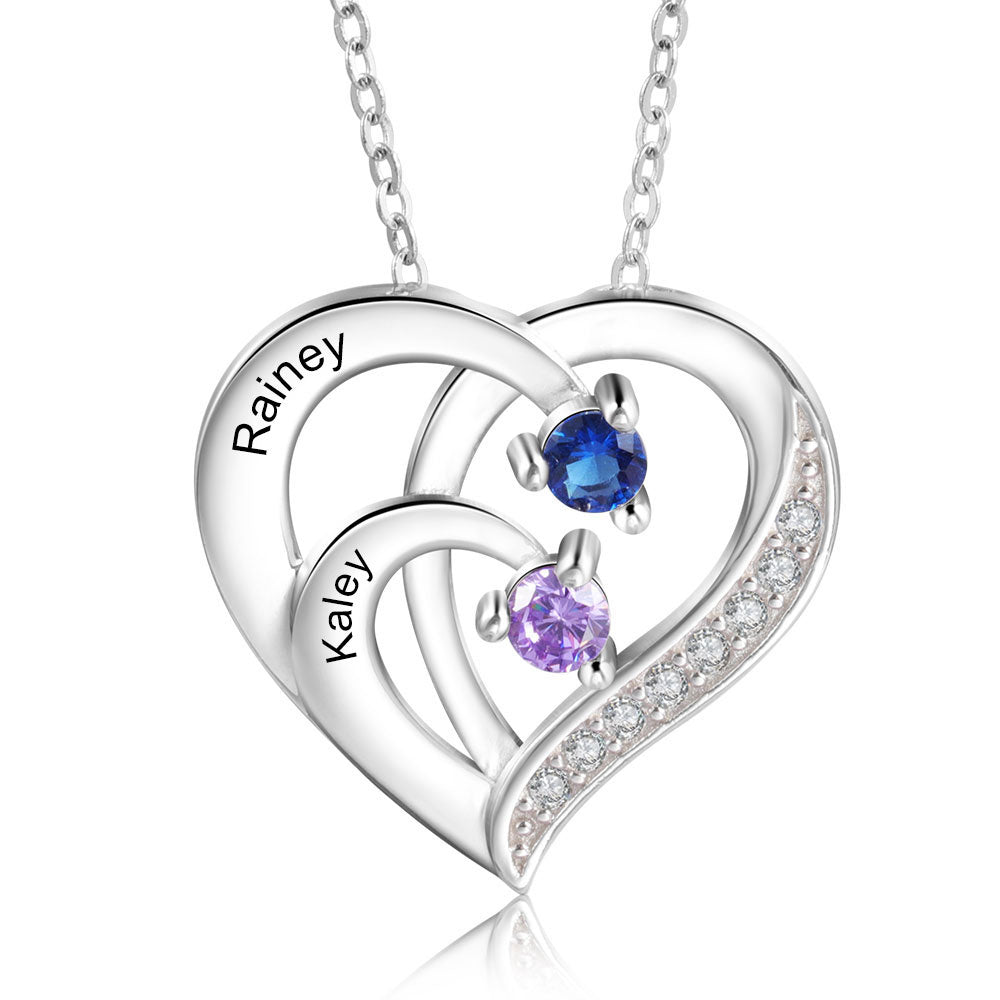 ThinkEngraved engraved necklace .925 Sterling Silver 2 Birthstone Heart Name Necklace - Birthstone Heart Mother's Necklace