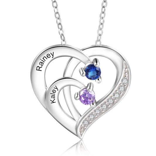 ThinkEngraved engraved necklace .925 Sterling Silver 2 Birthstone Heart Name Necklace - Birthstone Heart Mother's Necklace