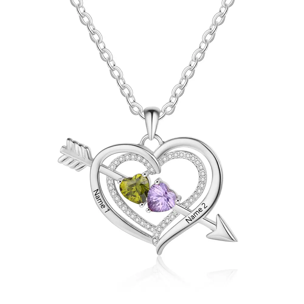 ThinkEngraved engraved necklace .925 Sterling Silver Personalized Mother's Necklace 2 Birthstones Cupid's Heart 2 Engraved Names