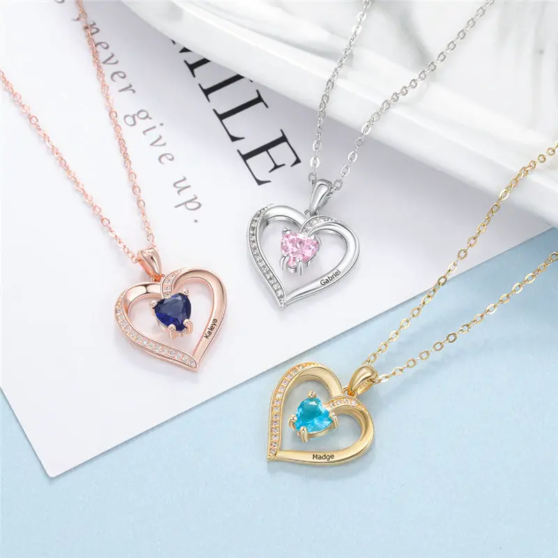 ThinkEngraved engraved necklace Custom Heart Cut Stone and Engraved Name Heart Pendant Necklace