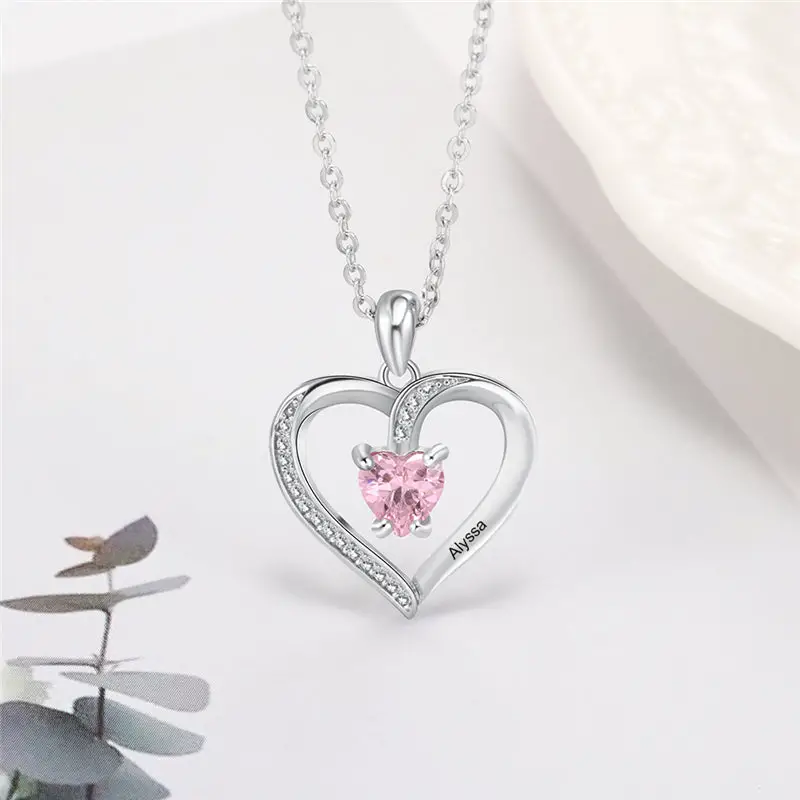ThinkEngraved engraved necklace Custom Heart Cut Stone and Engraved Name Heart Pendant Necklace .925 Silver
