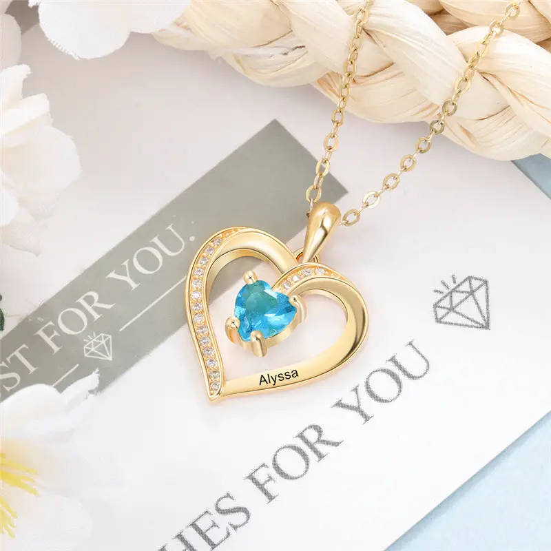 ThinkEngraved engraved necklace Gold Custom Heart Cut Stone and Engraved Name Heart Pendant Necklace