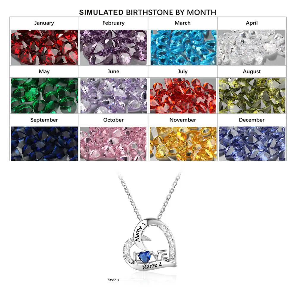 ThinkEngraved engraved necklace Personalized 1 Birthstone Mother's Necklace Heart Love 2 Engraved Names