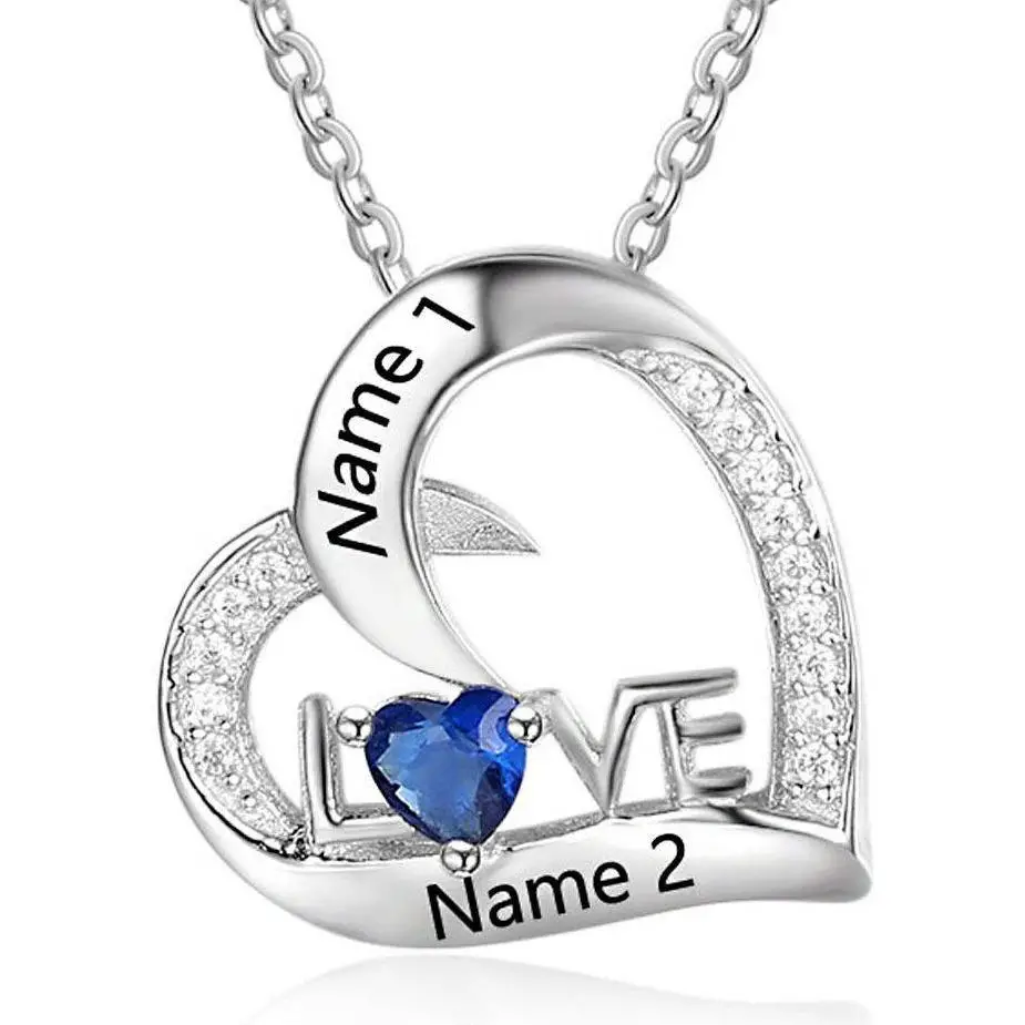 ThinkEngraved engraved necklace Personalized 1 Birthstone Mother's Necklace Heart Love 2 Engraved Names
