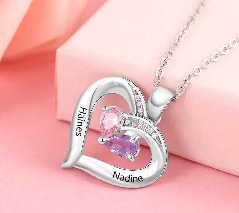ThinkEngraved engraved necklace Personalized 2 Birthstone Mother's Heart Necklace Inner Heart - 2 Names