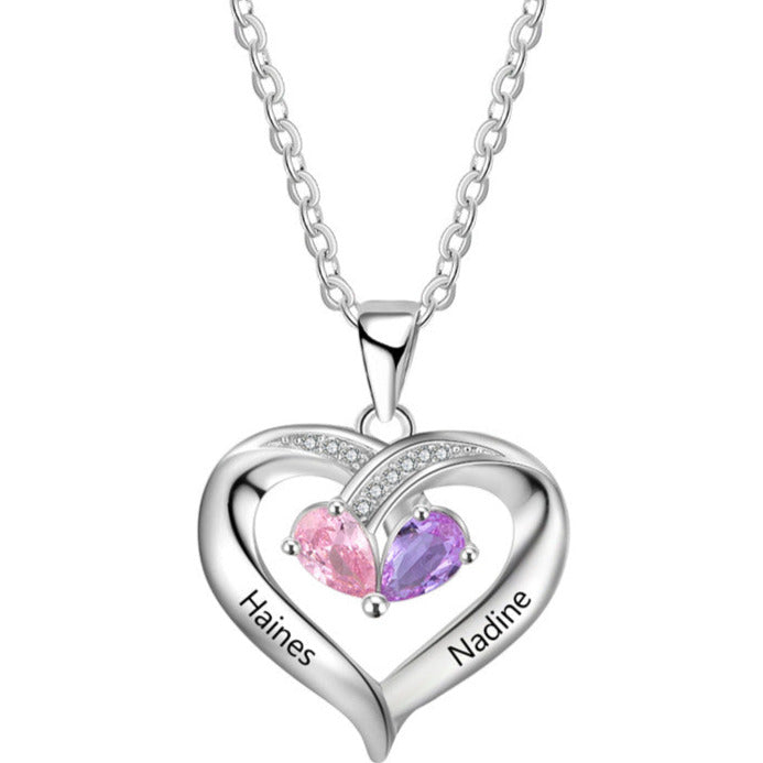 ThinkEngraved engraved necklace Personalized 2 Birthstone Mother's Heart Necklace Inner Heart - 2 Names