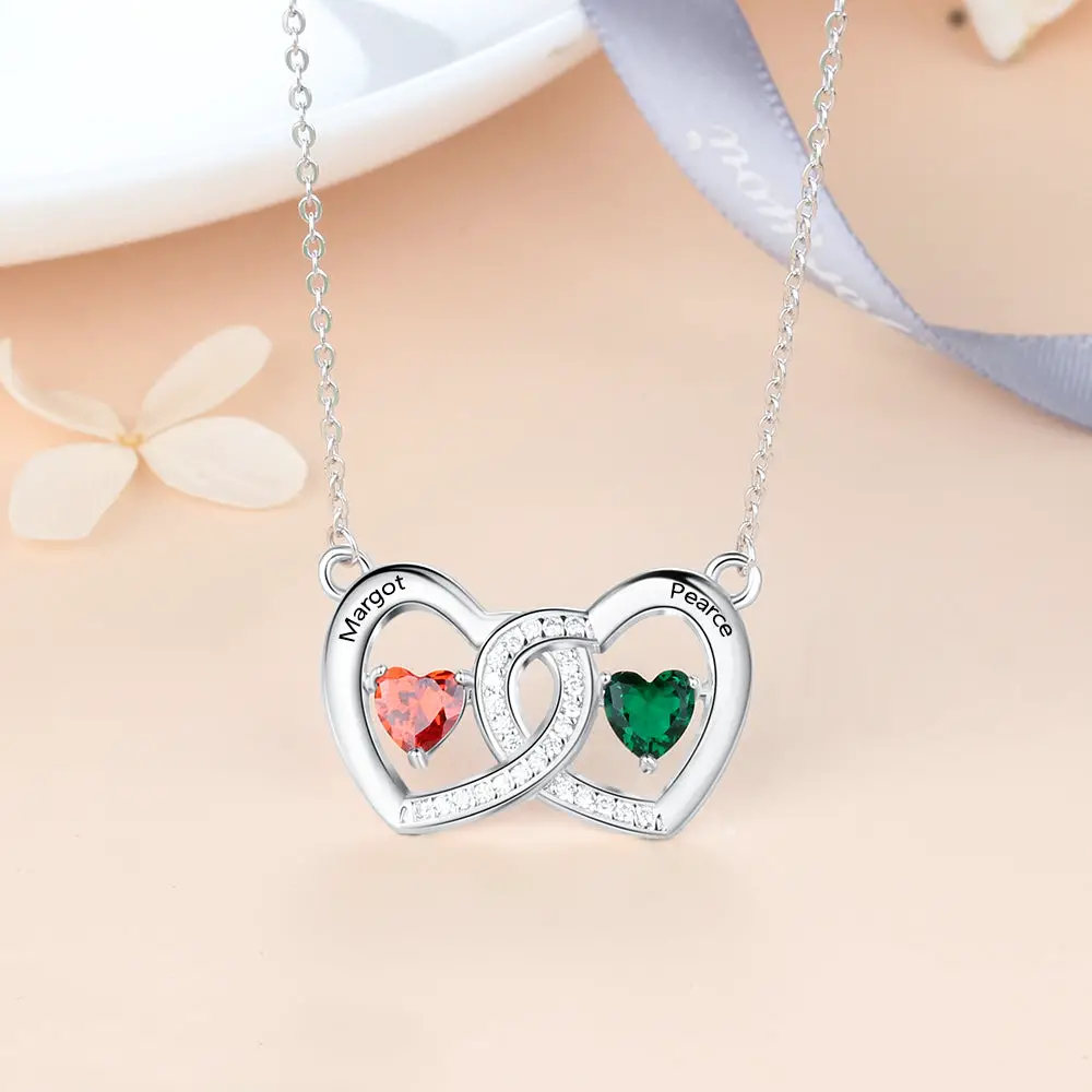 ThinkEngraved engraved necklace Personalized 2 Birthstone Mother's Ring Locker Hearts 2 Engraved Names