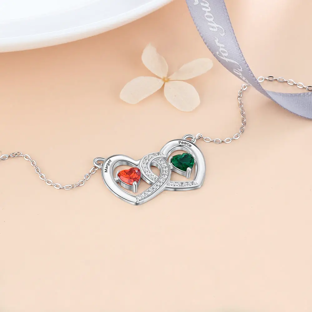ThinkEngraved engraved necklace Personalized 2 Birthstone Mother's Ring Locker Hearts 2 Engraved Names