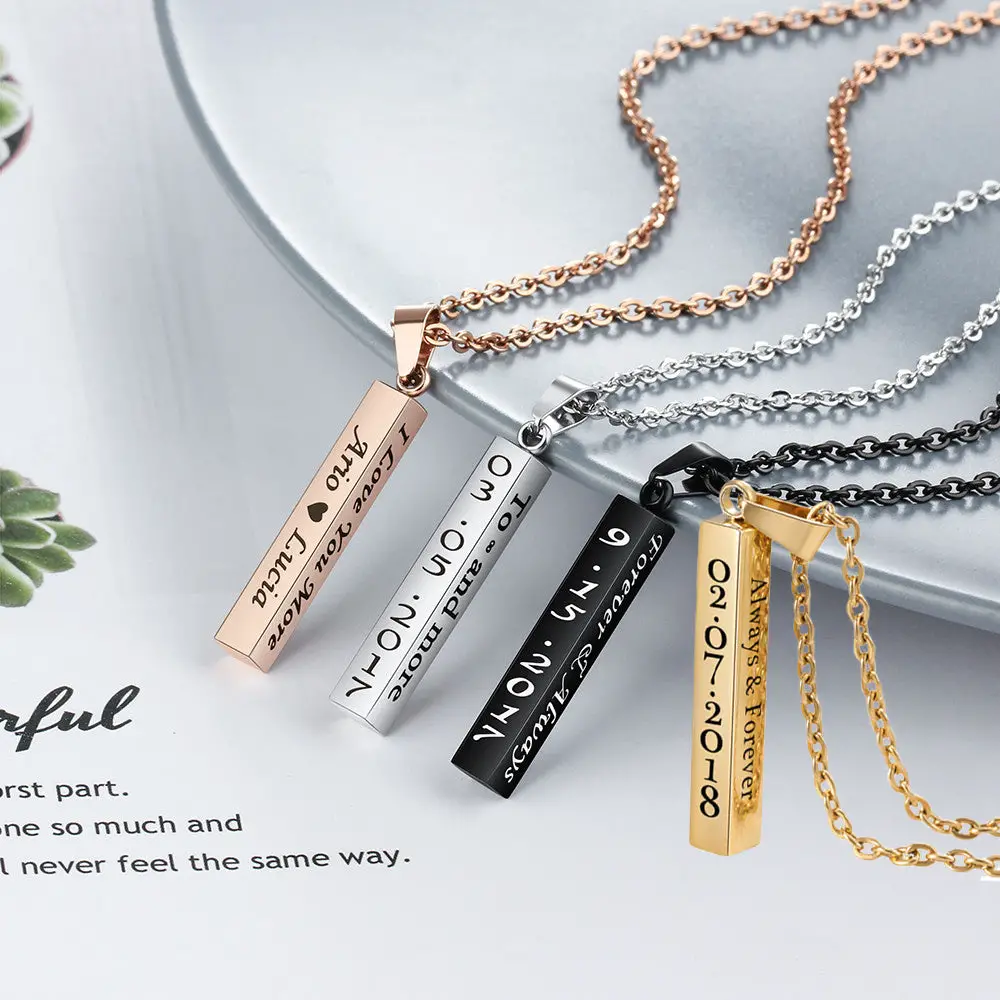 ThinkEngraved engraved necklace Personalized 4 Sided Bar Necklace - Engraved on 4 Sides - 4 Colors Available