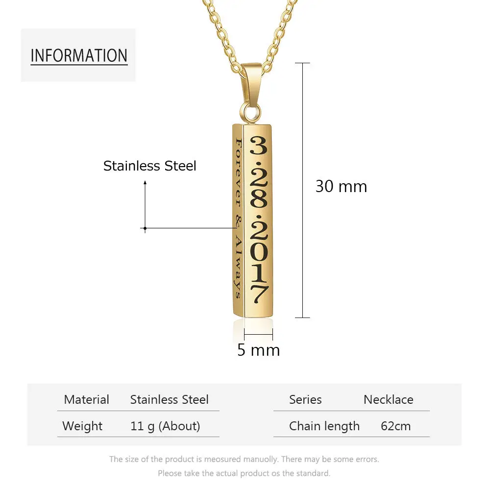 ThinkEngraved engraved necklace Personalized 4 Sided Bar Necklace - Engraved on 4 Sides - 4 Colors Available