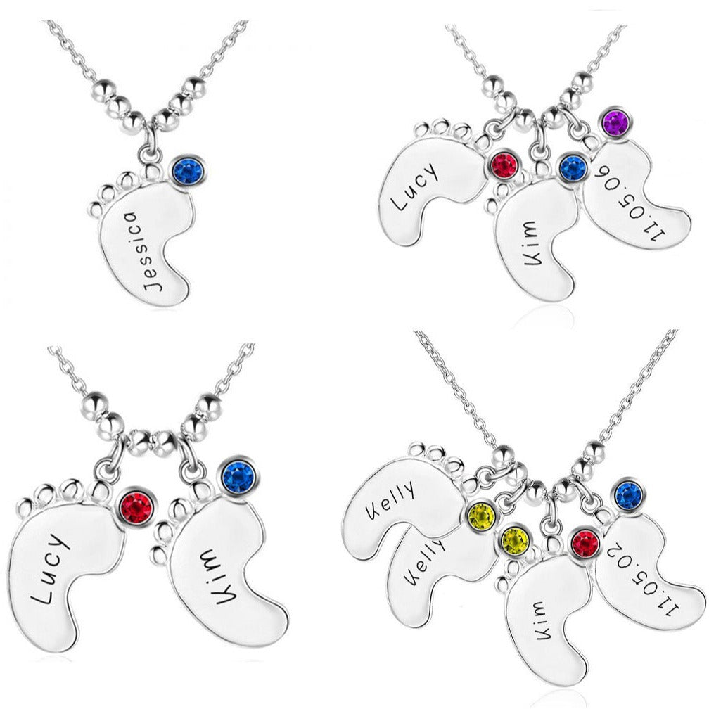 ThinkEngraved engraved necklace Personalized Baby Feet Mother's Necklace 1, 2, 3 or 4 Birthstones