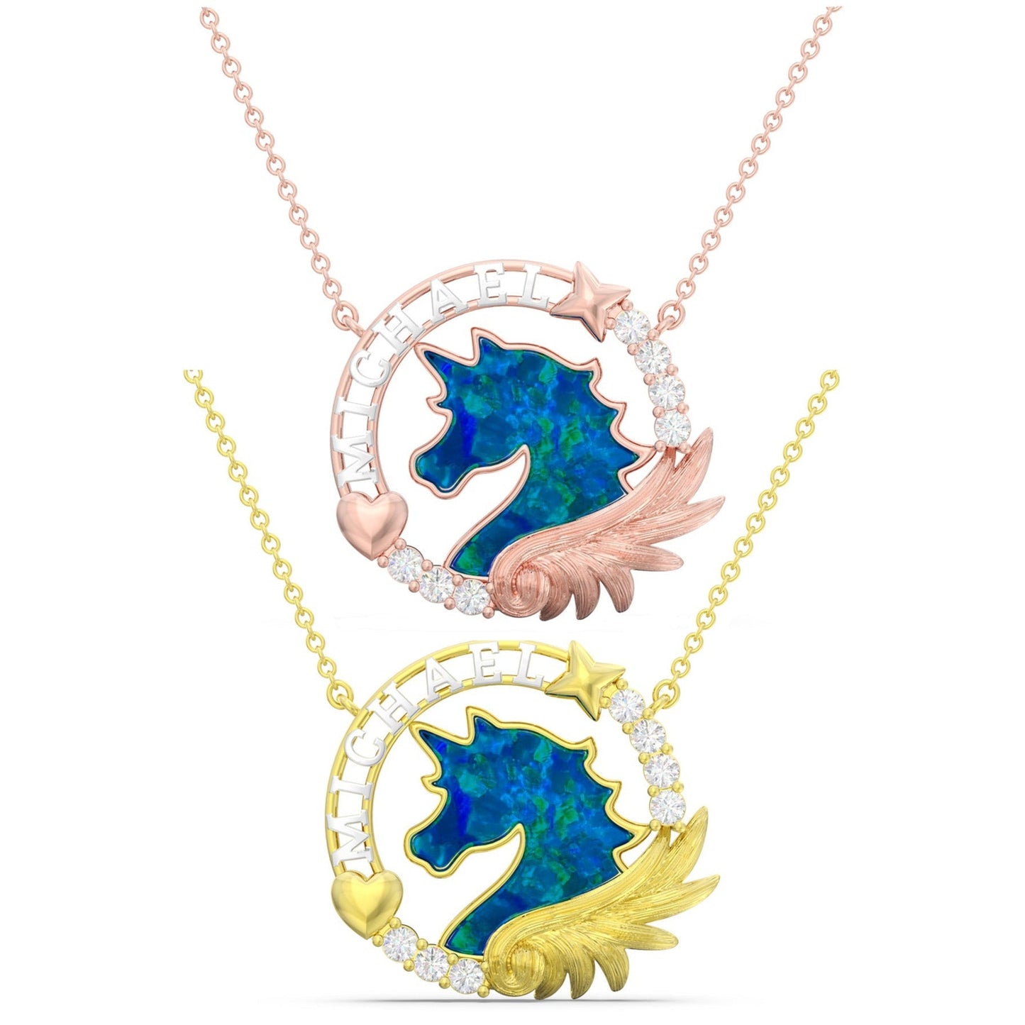 ThinkEngraved engraved necklace Personalized Blue opal Unicorn Gold Necklace With 3d Name Cut Out