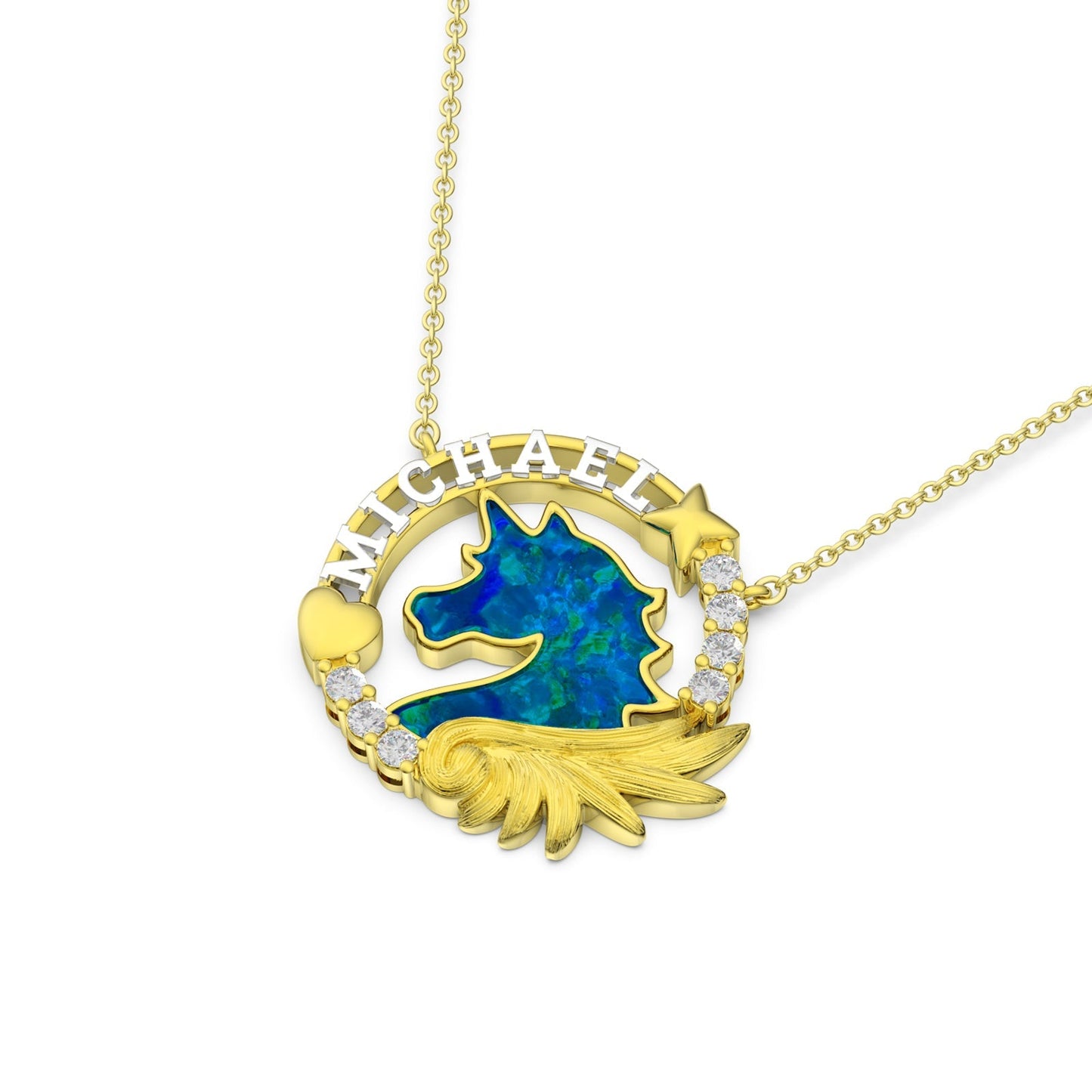 ThinkEngraved engraved necklace Personalized Blue opal Unicorn Gold Necklace With 3d Name Cut Out