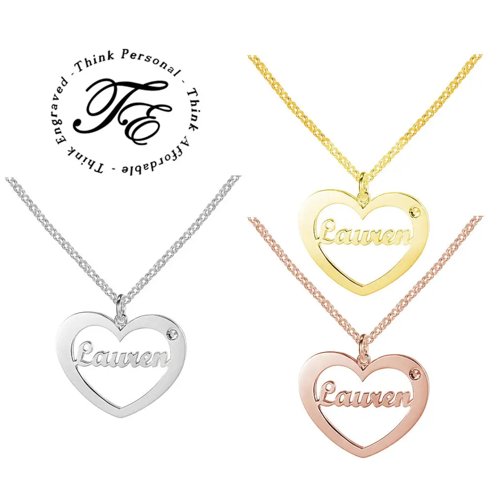 ThinkEngraved engraved necklace Personalized Cut Out Name Necklace  1 Birthstone Heart Pendant