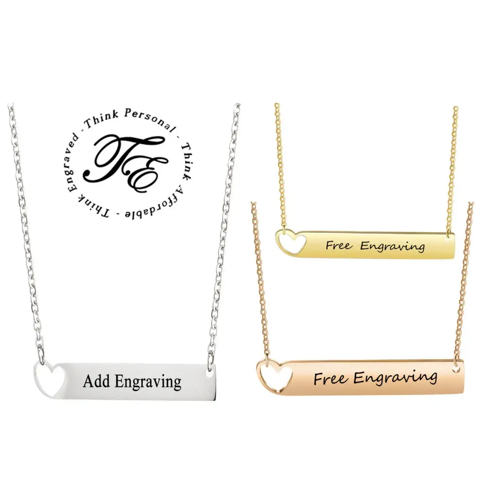 ThinkEngraved engraved necklace Personalized Engraved Bar Name Necklace - Heart Cut Out