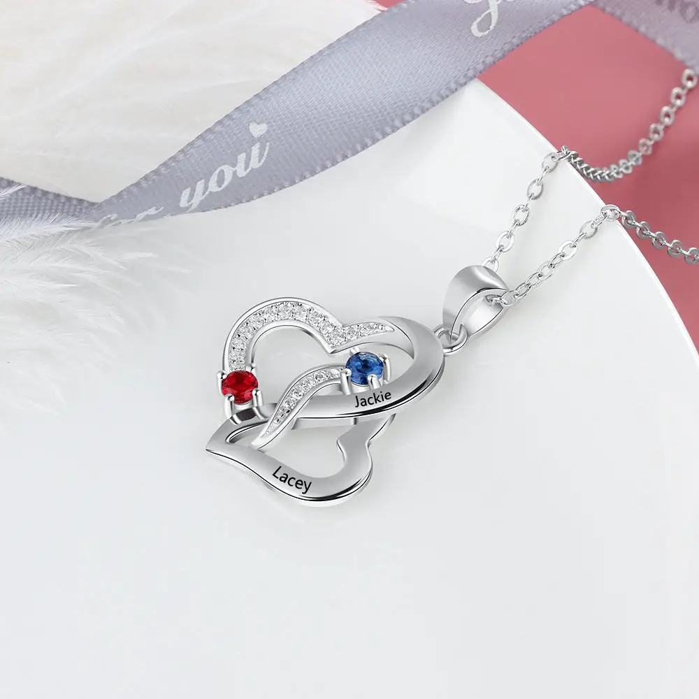 ThinkEngraved engraved necklace Personalized Mother's Necklace 2 Birthstones 2 Names Tangled Hearts Stainless Steel