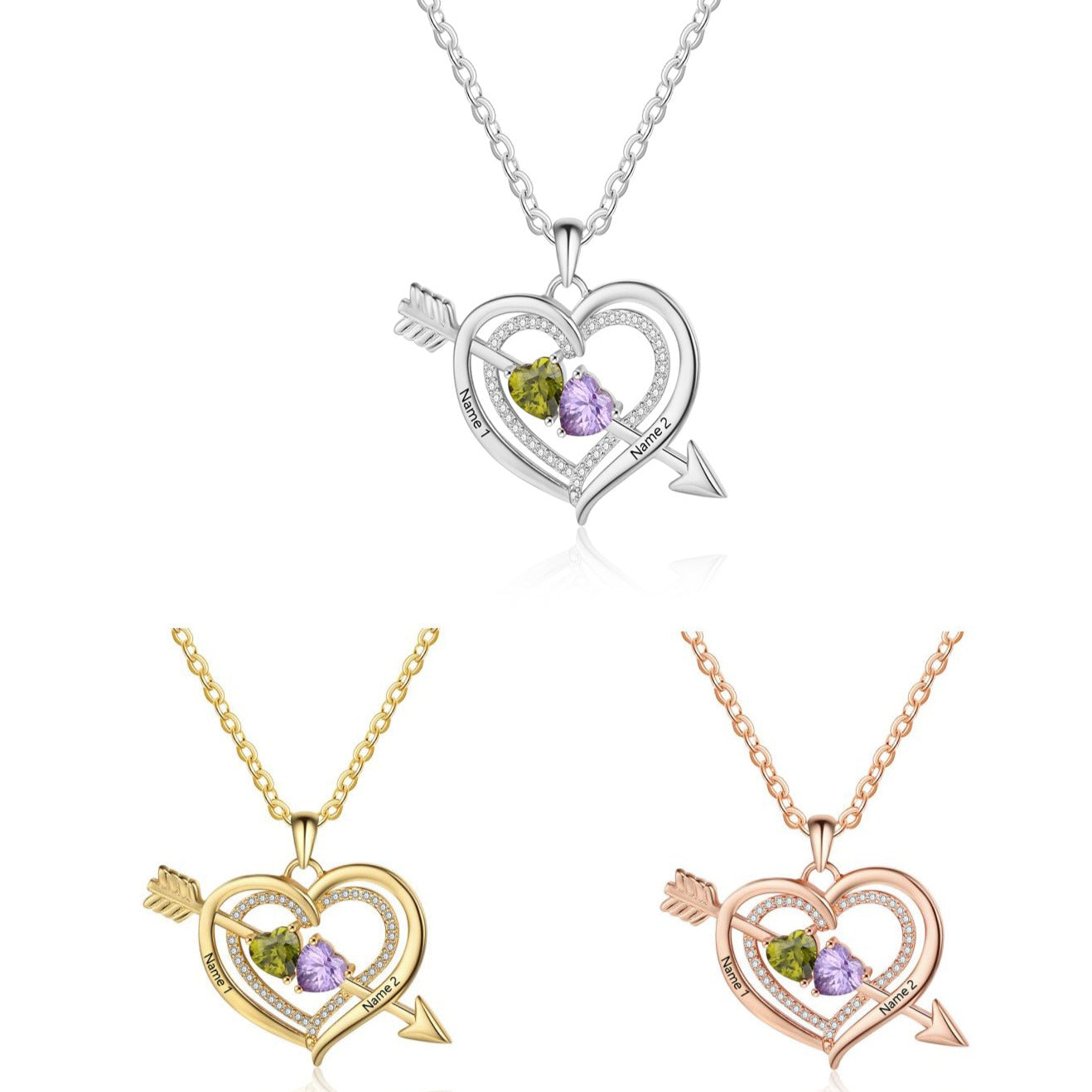 ThinkEngraved engraved necklace Personalized Mother's Necklace 2 Birthstones Cupid's Heart 2 Engraved Names