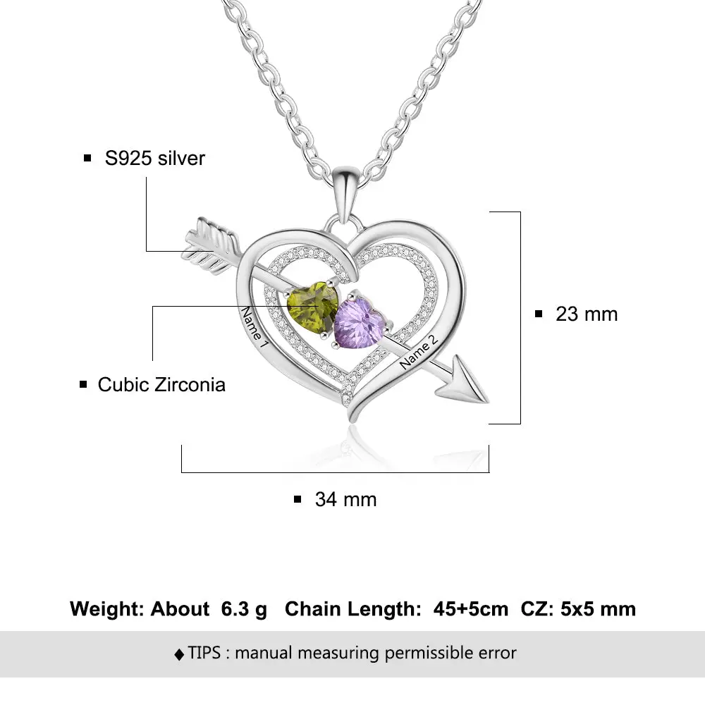 ThinkEngraved engraved necklace Personalized Mother's Necklace 2 Birthstones Cupid's Heart 2 Engraved Names
