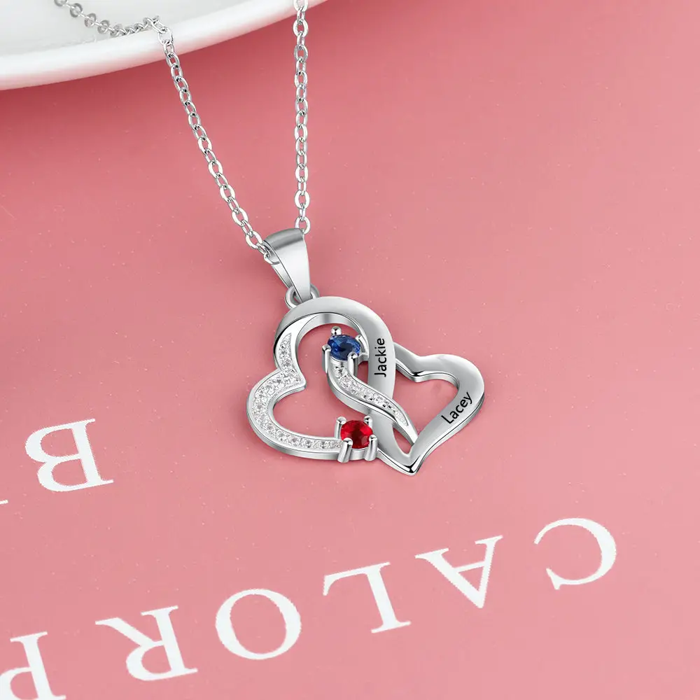 ThinkEngraved engraved necklace Personalized Mother's Necklace 2 Birthstones Entangled Hearts 2 Names