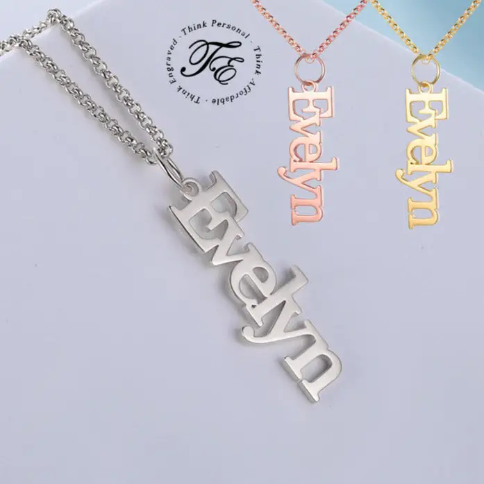 ThinkEngraved engraved necklace Personalized Sterling Silver Name Necklace - Vertical Dangle - Great Couples Gift
