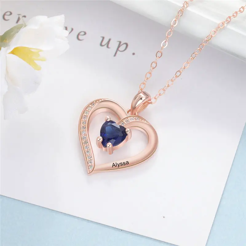 ThinkEngraved engraved necklace Rose Gold Custom Heart Cut Stone and Engraved Name Heart Pendant Necklace