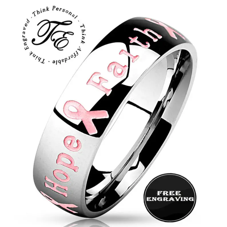 ThinkEngraved Engraved Ring 5 Personalized Breast Cancer Awareness Ring - Faith Hope Strength Ring