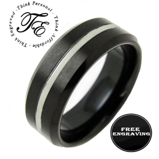 ThinkEngraved Engraved Ring 8 Personalized Men's Black Silver Line Tungsten Promise Ring - Handwriting Ring