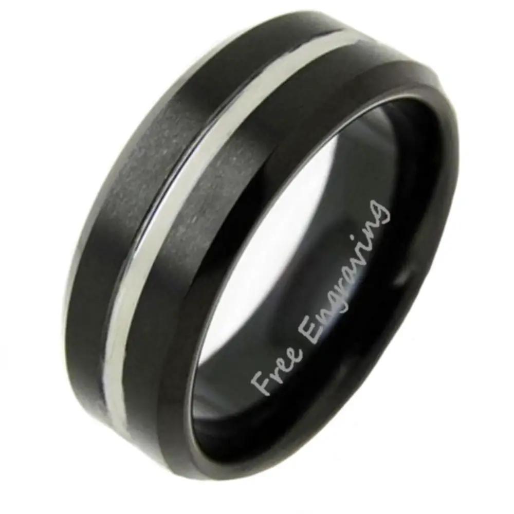 ThinkEngraved Engraved Ring 8 Personalized Men's Black Silver Line Tungsten Promise Ring - Handwriting Ring