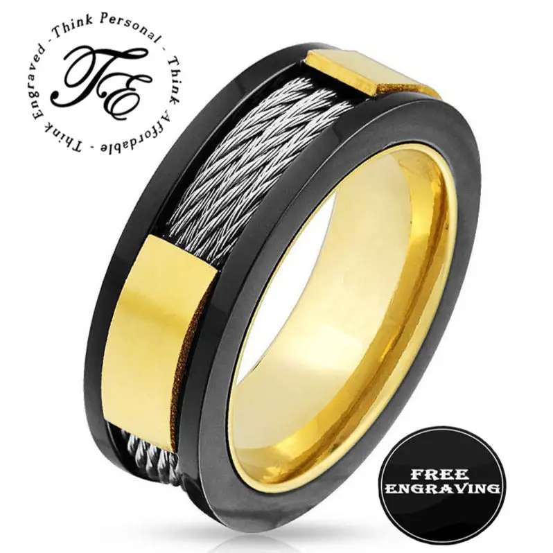 ThinkEngraved Engraved Ring 9 Personalized Engraved Men's Cable Inlay Promise Ring - Handwriting Ring